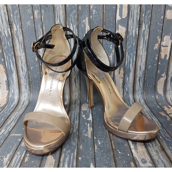 Chinese Laundry Imagination Strappy High Heels US 6M Gold Black & Tan Open Toe - Picture 1 of 12